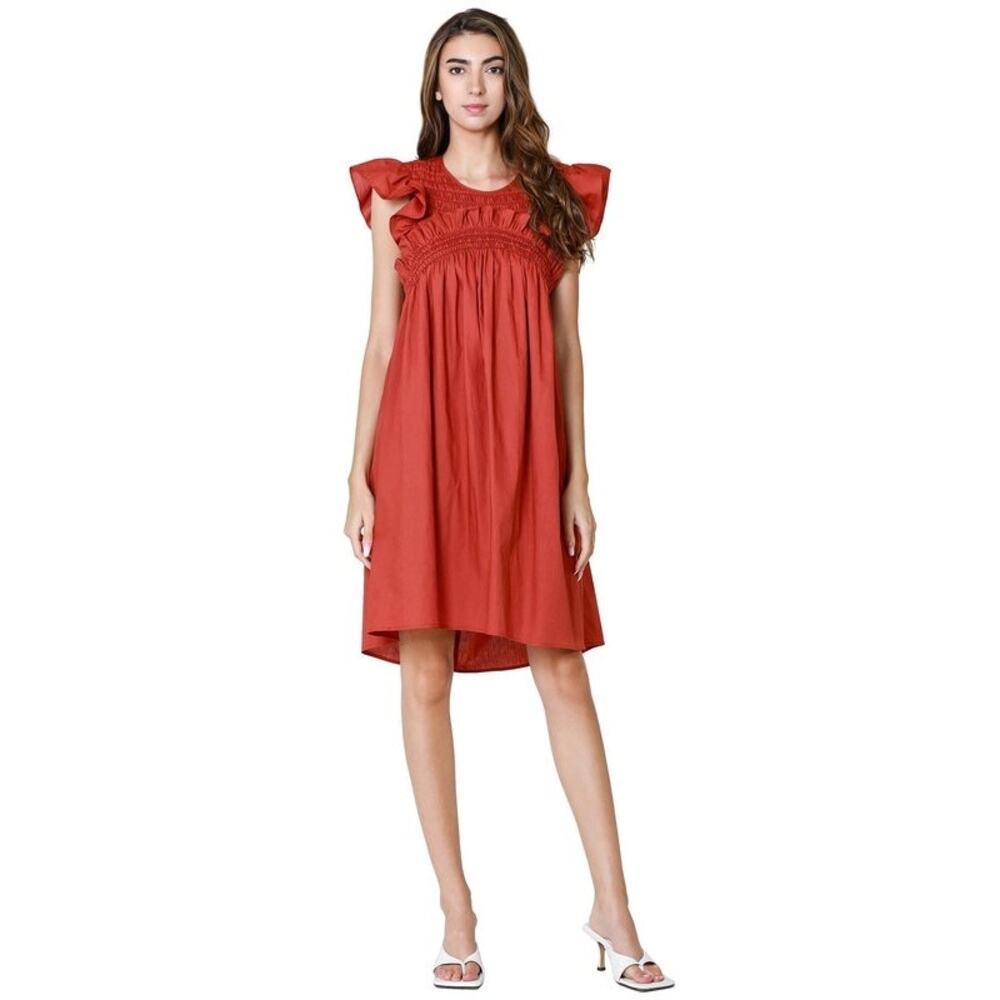 SEA New York Gladys Hand Smocked‎ Rust Flutter Sleeve Cotton Tunic Mini Dress